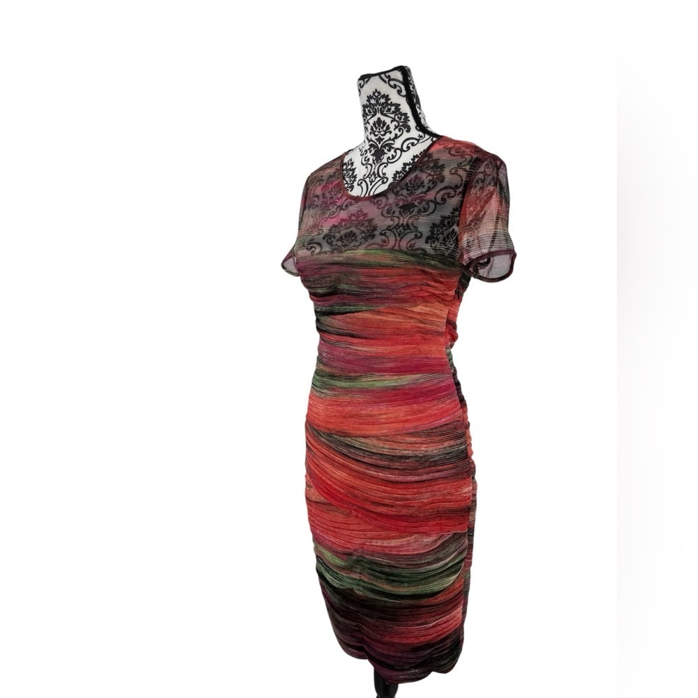 BCBG MaxAzria Donna Colorful Ruched Unique Mesh Bodycon Cap Sleeve Sheath Dress - Picture 14 of 16